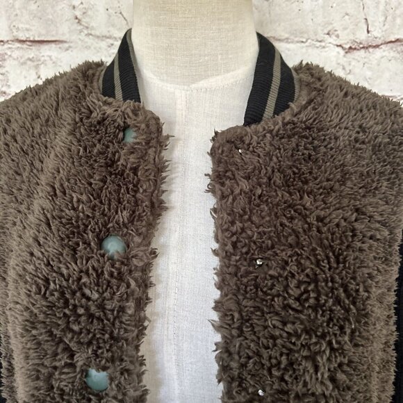 Audrey 3+1 Cable Knit Fleece Varsity Style Sweater Jacket Brown Black Size S NEW - Picture 2 of 5